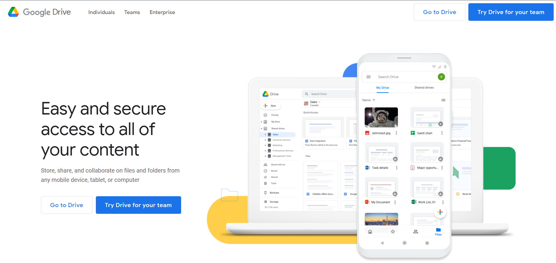 Google Drive's website with text on the left and mobile and laptop mockups of Google Drive app on the right.