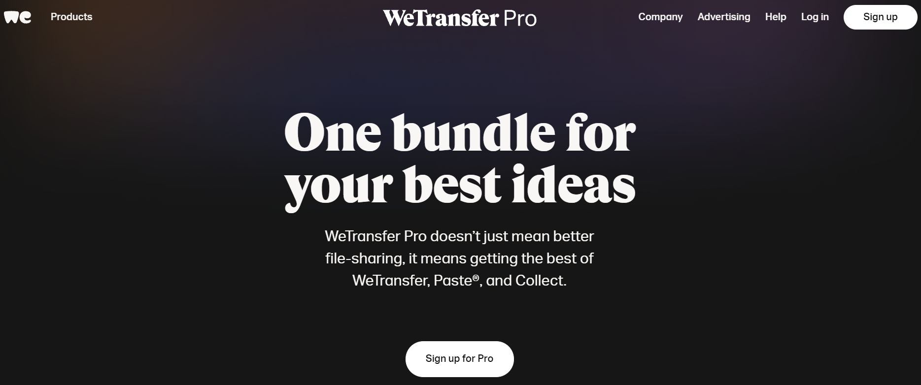 WeTransfer's website showing white text on dark blue background.